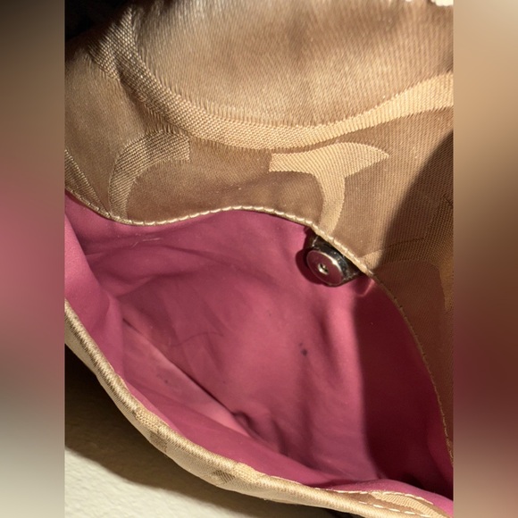 Coach Signature Stripe Khaki Satin Tote Bag Brown Leather Trim Style 14449 - Picture 10 of 16